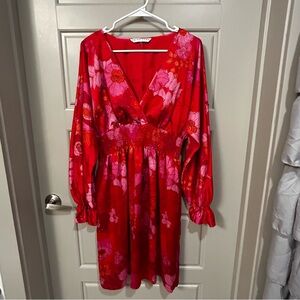 Trina Turk Red and Pink Floral Long Sleeve Dress